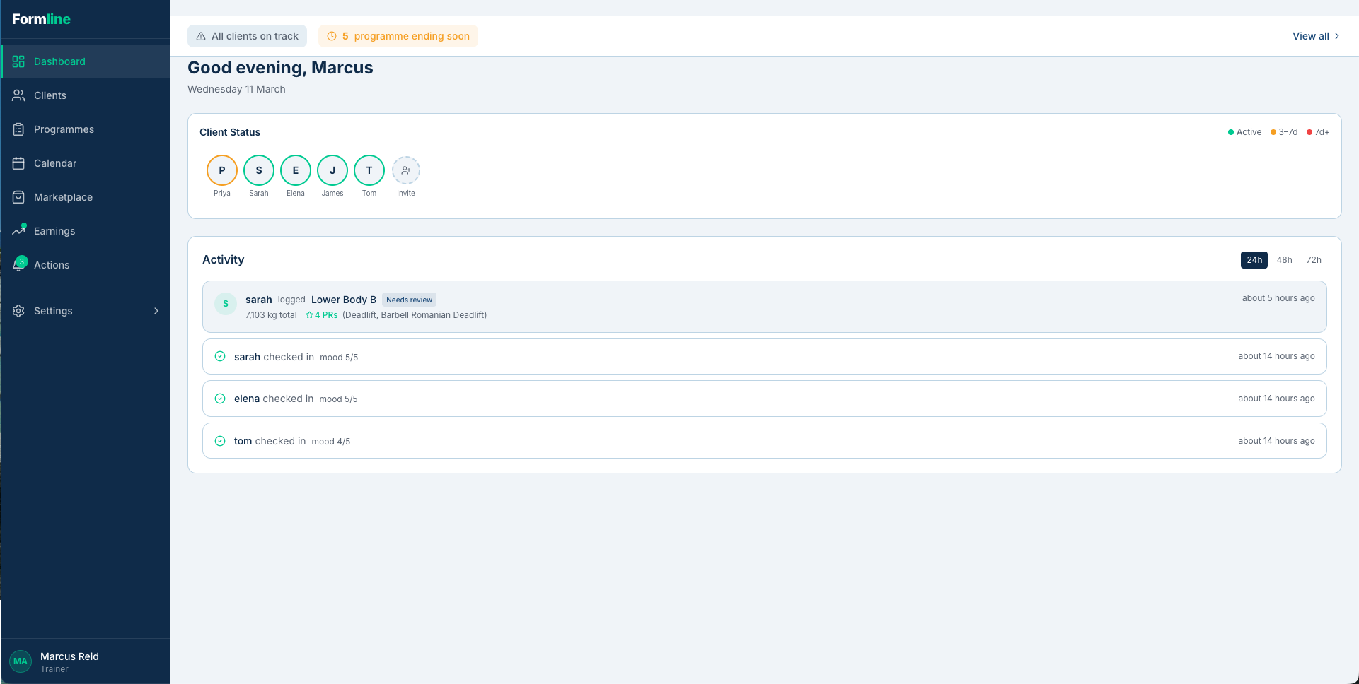 Formline trainer dashboard
